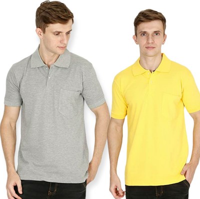 ndk Solid Men Polo Neck Grey, Yellow T-Shirt