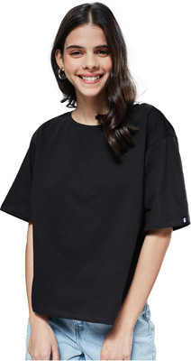 The Souled Store Solid Women Round Neck Black T-Shirt