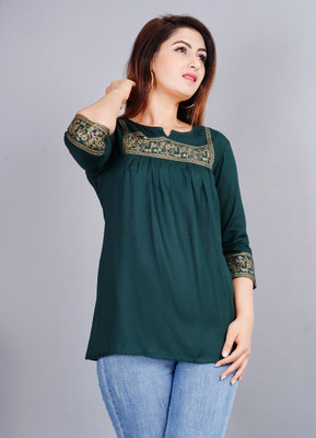 Angarkha Casual Printed Women Green Top