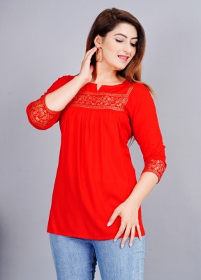 Angarkha Casual Printed Women Red Top