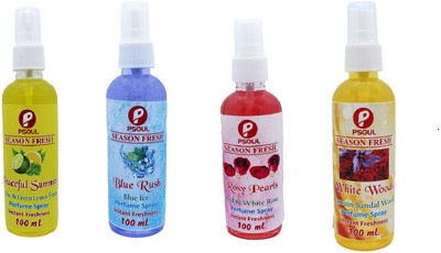 PSOUL Rose, Sandal, Lemon, Breeze Spray SEASON FRESH Air Freshener Spray- Rosy Pearls White Wood Peaceful Summer Blue Rush 100 ml Each for Home, Car & Office Rose Perfume Spray (4 x 100 ml)400 ML(4 x 100 ml) PSOUL Rose, Sandal, Lemon, Breeze Spray SEASON FRESH Air Freshener Spray- Rosy Pearls White Wood Peaceful Summer Blue Rush 100 ml Each for Home, Car & Office Rose Perfume Spray (4 x 100 ml)400 ML(4 x 100 ml)