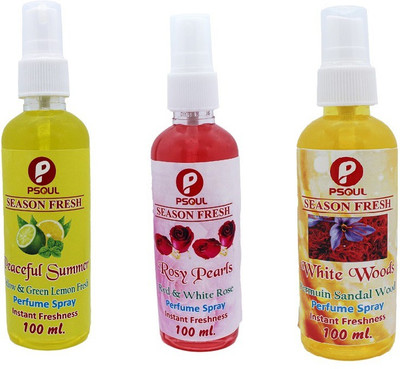 PSOUL Rose, Sandal, Lemon Spray SEASON FRESH Air Freshener Spray- Peaceful Summer White Wood Rosy Pearls 100 ml Each for Home, Car & Office Rose Perfume Spray (3 x 100 ml)300 ML(3 x 100 ml) PSOUL Rose, Sandal, Lemon Spray SEASON FRESH Air Freshener Spray- Peaceful Summer White Wood Rosy Pearls 100 ml Each for Home, Car & Office Rose Perfume Spray (3 x 100 ml)300 ML(3 x 100 ml)