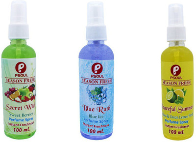 PSOUL Fruity, Breeze, Lemon Spray SEASON FRESH Air Freshener Spray- Secret Wish Blue Rush Peaceful Summer 100 ml Each for Home, Car & Office Rose Perfume Spray (3 x 100 ml)300 ML(3 x 100 ml)