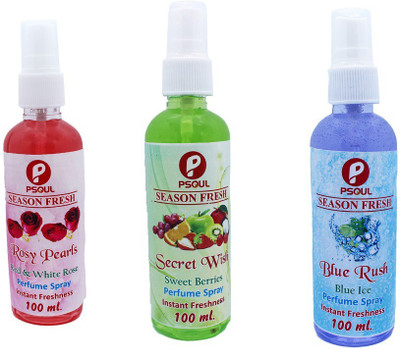 PSOUL Rose, Fruity, Breeze Spray SEASON FRESH Air Freshener Spray- Rosy Pearls Secret Wish Blue Rush 100 ml Each for Home, Car & Office Rose Perfume Spray (3 x 100 ml)300 ML(3 x 100 ml)