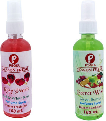 PSOUL Rose, Fruity Car Freshener Spray SEASON FRESH Air Freshener Spray- Rosy Pearls And Secret Wish , 100 ml Each for Home, Car & Office Rose Perfume Spray (2 x 100 ml) 200ML(2 x 100 ml)