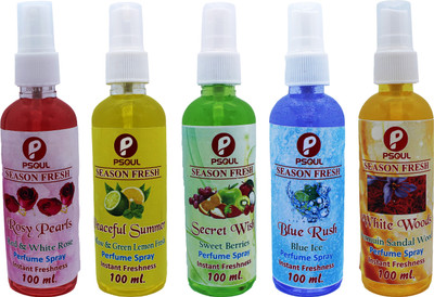 PSOUL Rose, Sandal, Lemon, Breeze, Fruity Car Freshener Spray SEASON FRESH Air Freshener Spray- Rosy Pearls White Wood Peaceful Summer Blue Rush Secret Wish 100 ml Each for Home, Car & Office Rose Perfume Spray (5 x 100 ml)500 ML(5 x 100 ml)