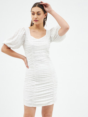 HARPA Women Gathered White Above Knee/Mid Thigh Length Dress