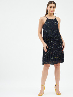 HARPA Women Pleated Dark Blue Knee Length Dress