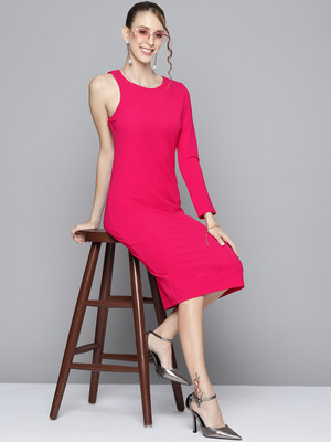 SASSAFRAS Women Bodycon Pink Midi/Calf Length Dress