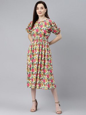 indibelle Women Fit and Flare Pink Midi/Calf Length Dress