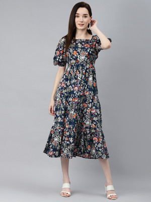indibelle Women Fit and Flare Blue Midi/Calf Length Dress