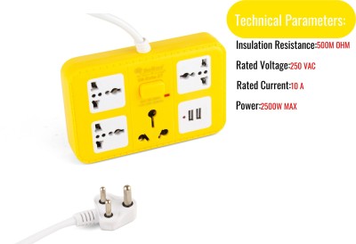 HI-PLASST board with 2-usb charger ports;1 16amps-socket and 3 power sockets along with 300cm long cable. Power Plug(Yellow)