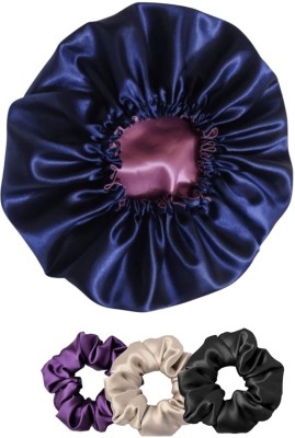 Attune Handmade Silk Satin Hair Bonnet withScrunchies Reversible Haircap sleeping Hair Accessory Set(Multicolor)