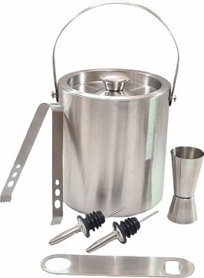 PRONIKS 1 L Steel Stainless Steel Ice Bucket with Opener, Ice Tong, peg Measure and 2pcs Pourers Ice Bucket(Silver)