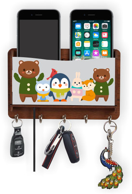 CW Crafts World Key Holder For Decor Home And Office, Storage Box Key Holder with Mobile stand Wood Key Holder(5 Hooks, Brown)