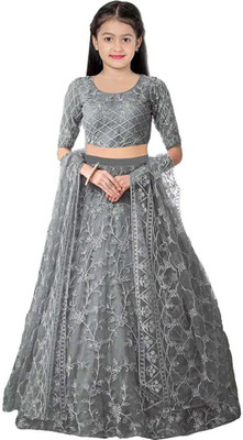 Women Wed Girls Lehenga Choli Ethnic Wear Embroidered Lehenga, Choli and Dupatta Set(Grey, Pack of 1)