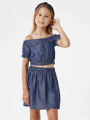 Kate & Oscar Girls Casual Denim Off Shouldered Top(Blue, Pack of 1)