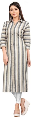 FABTOWN Women Striped Straight Kurta(White)