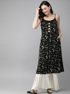ANOUK Women Printed A-line Kurta(Black)