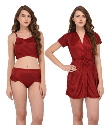 You Forever Women Robe and Lingerie Set(Maroon)