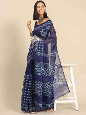 ANOUK Printed Bollywood Cotton Blend Saree(Dark Blue)