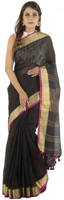 govind handloom Solid/Plain Bhagalpuri Cotton Linen Saree(Black, Gold)