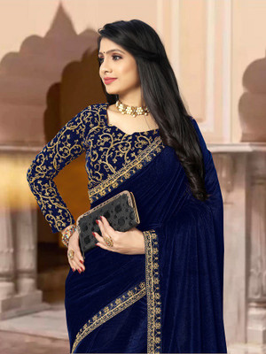 hutah Embroidered Bollywood Velvet Saree(Dark Blue)