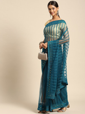 ANOUK Embroidered Bollywood Net Saree(Blue)