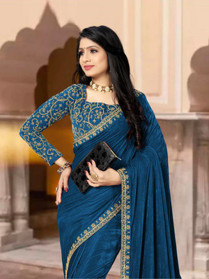 hutah Embroidered Bollywood Velvet Saree(Light Blue)