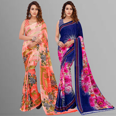 Anand Sarees Printed Bollywood Georgette Saree(Pack of 2, Multicolor, Grey)