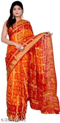 MINE CHOICE Woven, Checkered Bandhani Jacquard, Art Silk Saree(Gold, Orange)