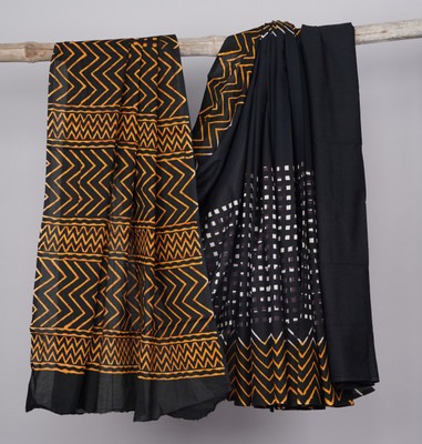 SHIVANYA HANDICRAFTS Printed Daily Wear Pure Cotton Saree(Black, Yellow)