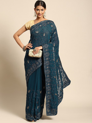 ANOUK Embroidered Bollywood Georgette Saree(Blue)
