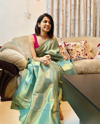 SFCS Solid/Plain Bollywood Tissue Saree(Light Blue)