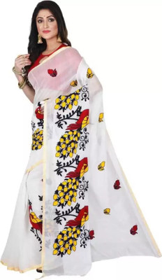 KSHSAREE Applique Handloom Cotton Silk Saree(White)