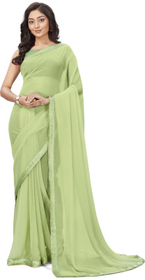 BAPS Self Design, Embroidered, Woven, Solid/Plain Bollywood Chiffon Saree(Green)