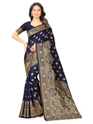 AVANTIKA FASHION Woven, Embellished Kanjivaram Pure Silk, Art Silk Saree(Dark Blue)