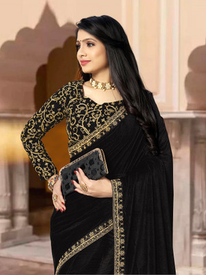 adelyn Embroidered Bollywood Velvet, Art Silk Saree(Black)