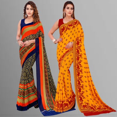 Anand Sarees Printed Bollywood Georgette Saree(Pack of 2, Multicolor, Blue, Orange)