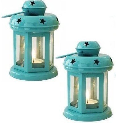Alisha Exports Set of 2 Decorative Iron Sky Blue Lanterns Multicolor Iron Hanging Lantern(15 cm X 11 cm, Pack of 2)