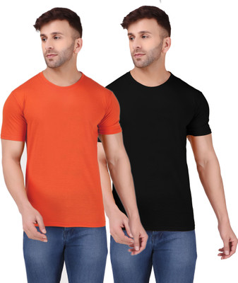 KIUTEES Solid Men Round Neck Black, Orange T-Shirt