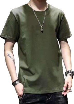 Fashion And Youth Solid Men Round Neck Dark Green T-Shirt