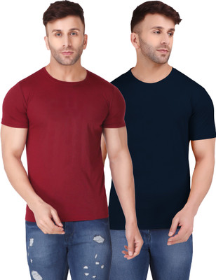 KIUTEES Solid Men Round Neck Blue, Maroon T-Shirt
