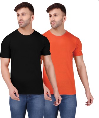 KIUTEES Solid Men Round Neck Black, Orange T-Shirt