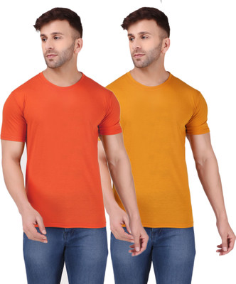 KIUTEES Solid Men Round Neck Orange, Yellow T-Shirt