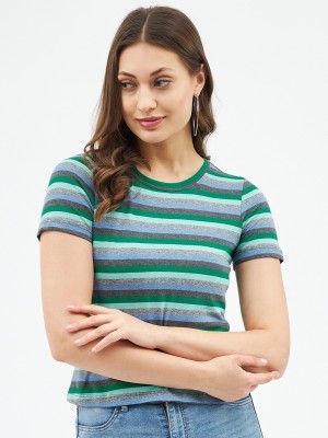 HARPA Striped Women Round Neck Green T-Shirt