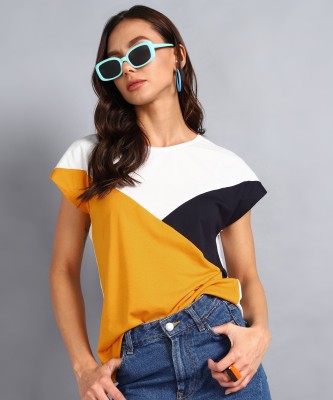 METRONAUT Colorblock Women Round Neck Yellow T-Shirt