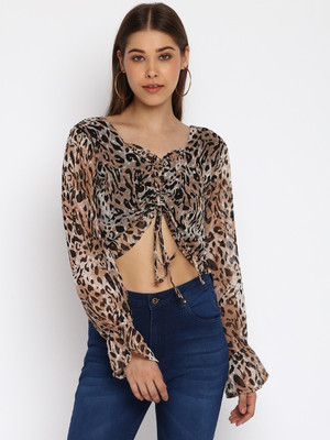 MAYRA Casual Animal Print Women Brown Top