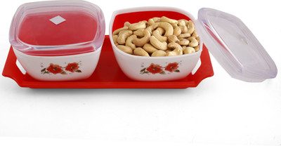 Olympia Plastic Serving Bowl Rhythm Multi-Purpose Airtight Bowls with Trey (2 Bowls & 1 Trey) (Red)(Pack of 1, Red)