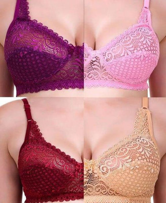 Jhanjari Net Lace Trending Bra Women Full Coverage Non Padded Bra(Beige, Maroon, Pink, Purple)